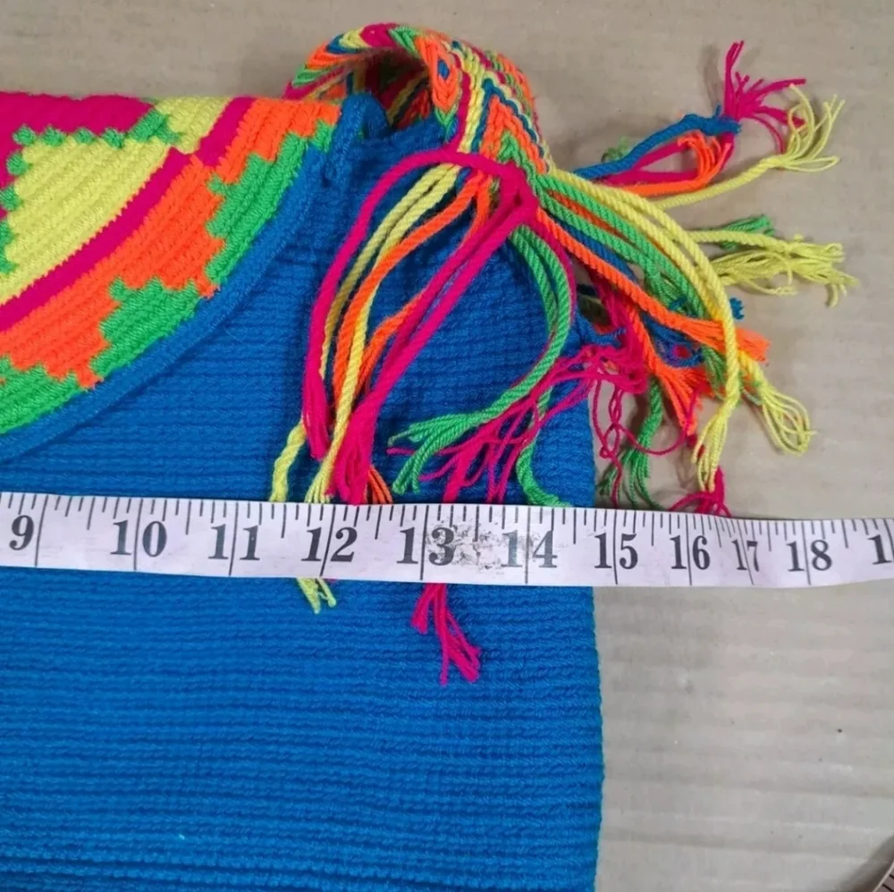Wayuu Mochila Colombian Bag Turquoise‎ Large  Flap Cover Pompoms Authentic - Picture 7 of 8